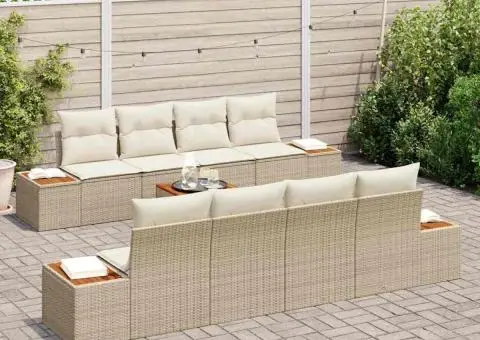 Set de canapele pentru grădină, 9 piese, , cu perne, Bej, Rattan Poly, Acacia. - 3/5