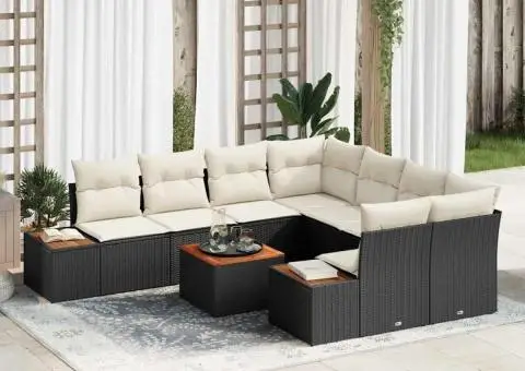 Set de canapea de grădină , 9 piese, cu perne negre, din poliratan și acacia - 1/5