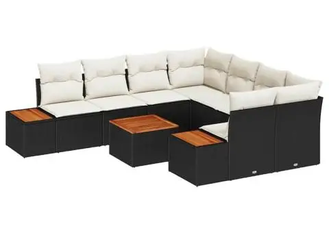 Set de canapea de grădină , 9 piese, cu perne negre, din poliratan și acacia - 2/5