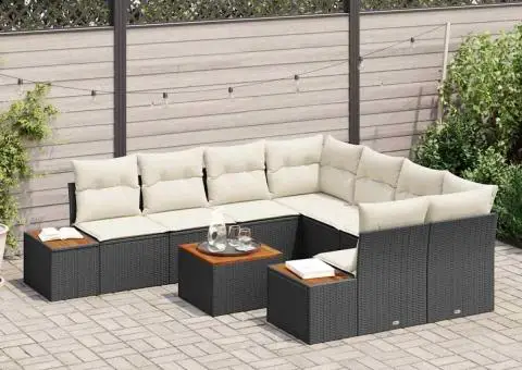 Set de canapea de grădină , 9 piese, cu perne negre, din poliratan și acacia - 3/5