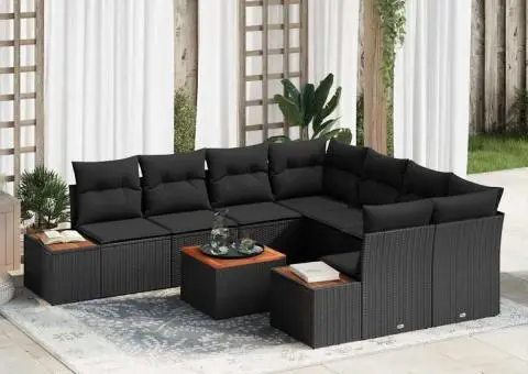 Set de canapea de grădină 9 piese cu perne Negru Ratan Polimeric Acacia - 1/5
