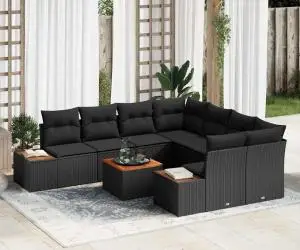 Set de canapea de grădină 9 piese cu perne Negru Ratan Polimeric Acacia