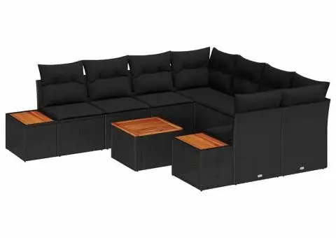 Set de canapea de grădină 9 piese cu perne Negru Ratan Polimeric Acacia - 2/5