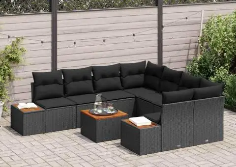 Set de canapea de grădină 9 piese cu perne Negru Ratan Polimeric Acacia - 3/5