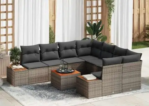 Set de canapea de grădină cu 9 piese și perne gri din rattan poly acacia - 1/5