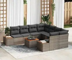 Set de canapea de grădină cu 9 piese și perne gri din rattan poly acacia