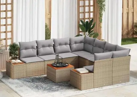 Set de canapea de grădină cu 9 piese, perne bej din ratan sintetic și lemn de acacia - 1/5