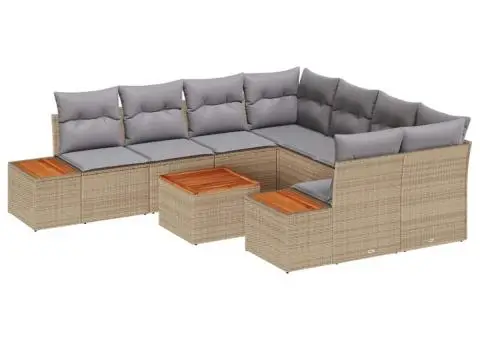Set de canapea de grădină cu 9 piese, perne bej din ratan sintetic și lemn de acacia - 2/5