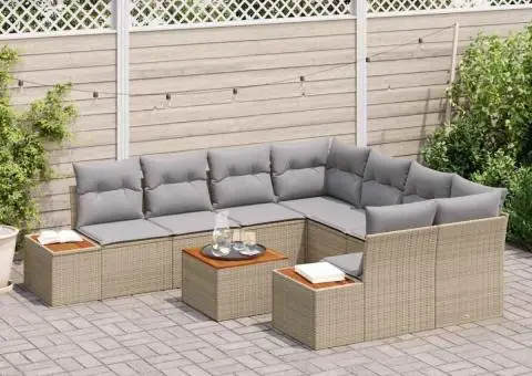 Set de canapea de grădină cu 9 piese, perne bej din ratan sintetic și lemn de acacia - 3/5