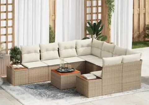 Set de canapea de grădină cu 9 piese și perne bej din ratan poli, din lemn de acacia - 1/5