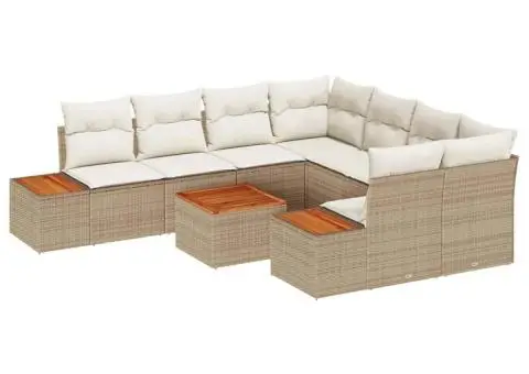 Set de canapea de grădină cu 9 piese și perne bej din ratan poli, din lemn de acacia - 2/5
