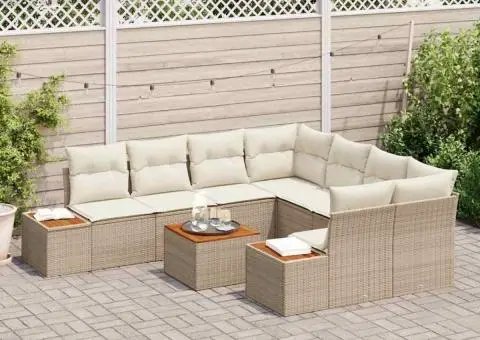 Set de canapea de grădină cu 9 piese și perne bej din ratan poli, din lemn de acacia - 3/5