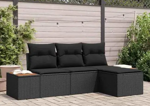 Set de canapea de grădină 4 piese cu perne Negru Ratan Poli Acacia - 1/5