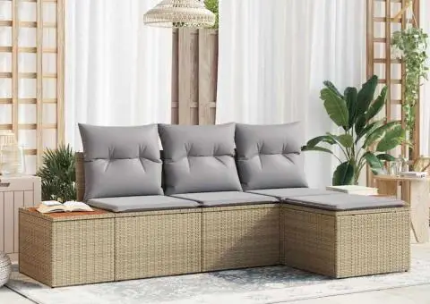 Set de Canapea de 4 Piese cu Perne Bej din Poli Ratan Acacia - 1/5