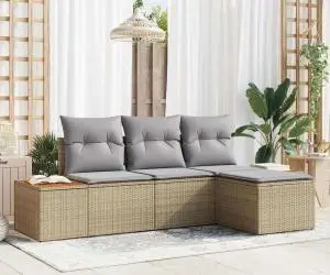 Set de Canapea de 4 Piese cu Perne Bej din Poli Ratan Acacia