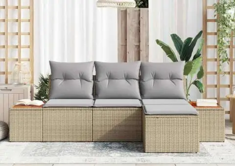 Set de Canapea de 4 Piese cu Perne Bej din Poli Ratan Acacia - 3/5