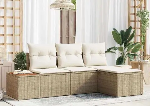 Set canapea gradină de 4 piese cu perne bej din ratan polimeric și acacia - 1/5