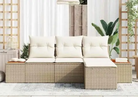 Set canapea gradină de 4 piese cu perne bej din ratan polimeric și acacia - 3/5