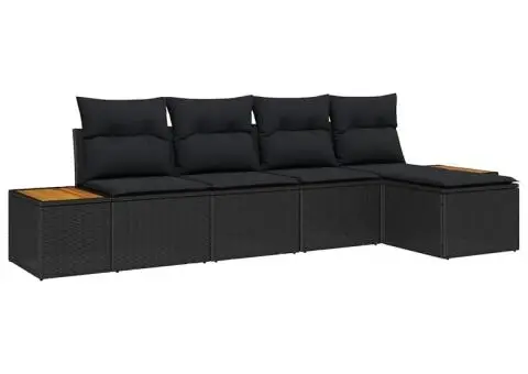 Set de Canapea de Grădină cu 5 Piese și Perne Negru Poliratan Acacia - 2/5