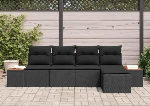 Set de Canapea de Grădină cu 5 Piese și Perne Negru Poliratan Acacia - 3/5
