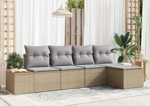 Set de Canapea cu 5 Piese și Perne Bej Ratan Poliester Acacia - 1/5