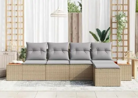 Set de Canapea cu 5 Piese și Perne Bej Ratan Poliester Acacia - 3/5