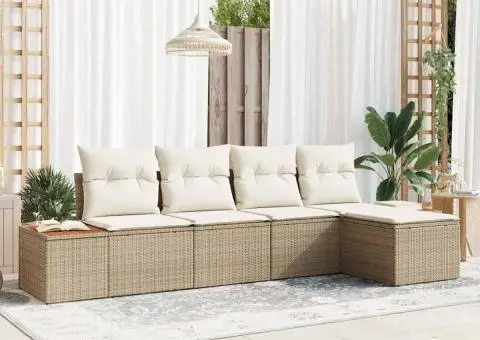 Set de Canapea de Grădină cu Pernuțe Bej Poliratan Acacia - 1/5