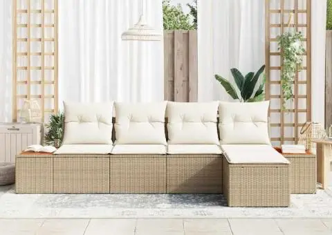 Set de Canapea de Grădină cu Pernuțe Bej Poliratan Acacia - 3/5