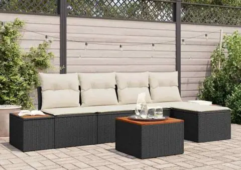 Set de canapea cu 6 piese și perne Negru Poliratan Acacia - 1/5