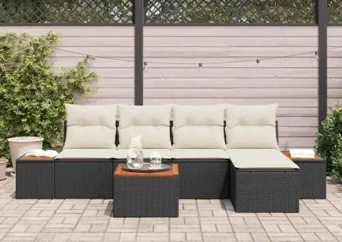 Set de canapea cu 6 piese și perne Negru Poliratan Acacia - 3/5