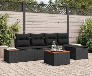 vidaXL Set de Canapea de Grădină cu 6 Piese cu Pernuțe Negru Poliratan Acacia