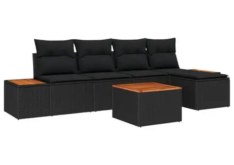 Set de Canapea de Grădină cu 6 Piese cu Pernuțe Negru Poliratan Acacia - 2/5