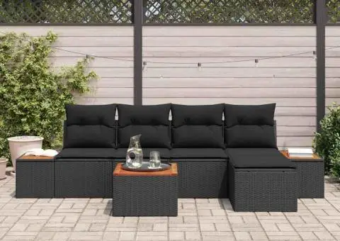 Set de Canapea de Grădină cu 6 Piese cu Pernuțe Negru Poliratan Acacia - 3/5