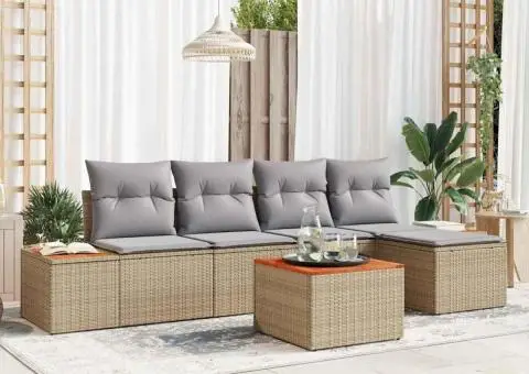 Set de Sofa pentru Grădină de 6 Piese cu Pernițe Bej Ratan Poli Acacia - 1/5