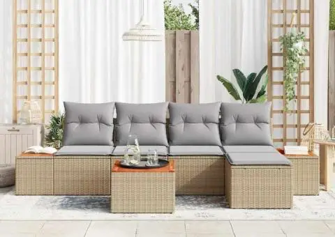 Set de Sofa pentru Grădină de 6 Piese cu Pernițe Bej Ratan Poli Acacia - 3/5