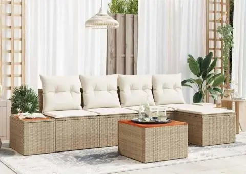 Set de canapea de grădină de 6 piese cu perne bej din poliratan Acacia - 1/5