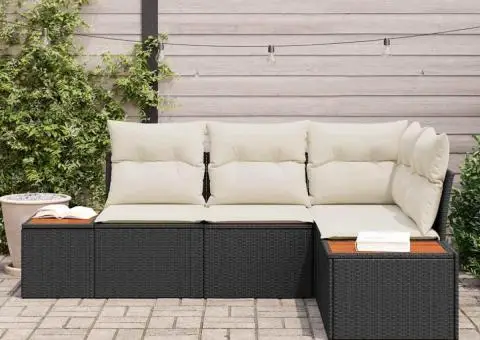 Set canapea de grădină cu 4 piese și perne Negru Poliratan Acacia - 3/5