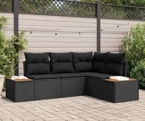 Set de canapea de grădină cu 4 piese și perne negre din Rattan Poli și Acacia