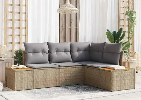 Set de canapea de grădină 4 Piese cu Pernițe Bej Poliratan Acacia - 1/5