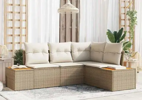 Set de canapea de grădină 4 piese cu perne bej poliratan acacia - 1/5