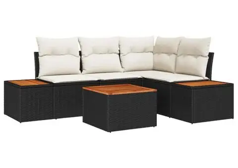 Set canapea de grădină 5 piese cu perne Negru Poliratan Acacia - 2/5