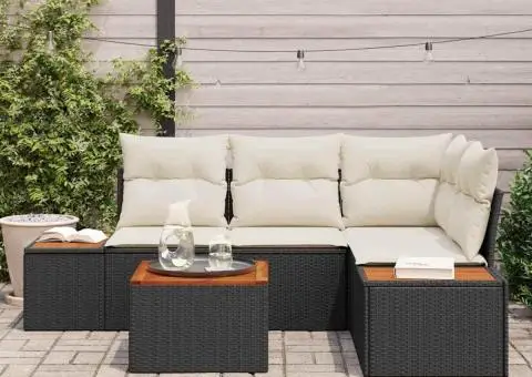 Set canapea de grădină 5 piese cu perne Negru Poliratan Acacia - 3/5