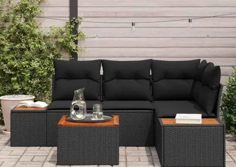 Set canapea de grădină 5 piese cu perne poliratan negru acacia - 3/5