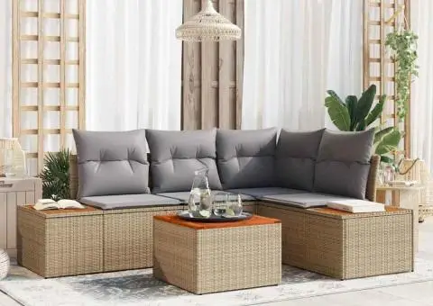 Set Canapea de 5 Piese pentru Grădină cu Perne Bej din Ratan Sintetic Acacia - 1/5