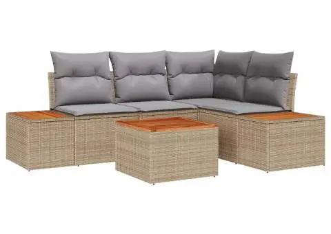 Set Canapea de 5 Piese pentru Grădină cu Perne Bej din Ratan Sintetic Acacia - 2/5