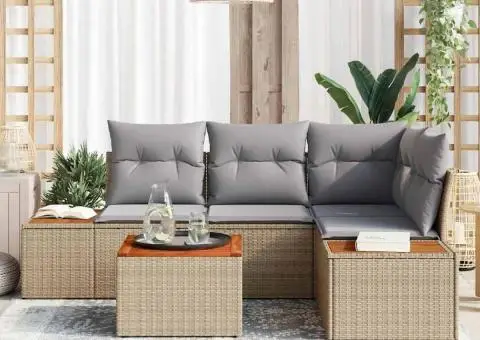 Set Canapea de 5 Piese pentru Grădină cu Perne Bej din Ratan Sintetic Acacia - 3/5