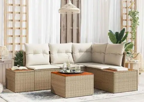 Set de canapea de grădină 5 piese cu perne Bej Poliratan Acacia - 1/5