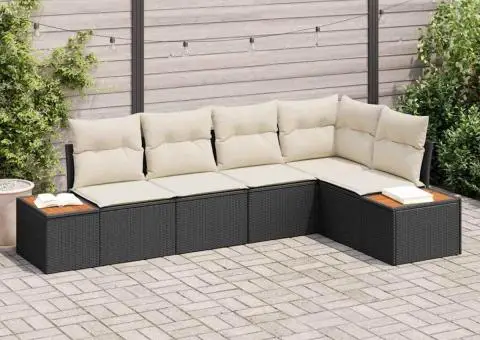 Set canapea grădină cu 5 piese și perne, Negru, Ratan Poli, Acacia - 1/5