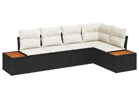 Set canapea grădină cu 5 piese și perne, Negru, Ratan Poli, Acacia - 2/5