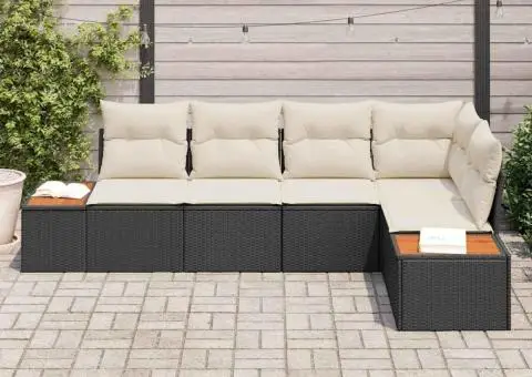 Set canapea grădină cu 5 piese și perne, Negru, Ratan Poli, Acacia - 3/5